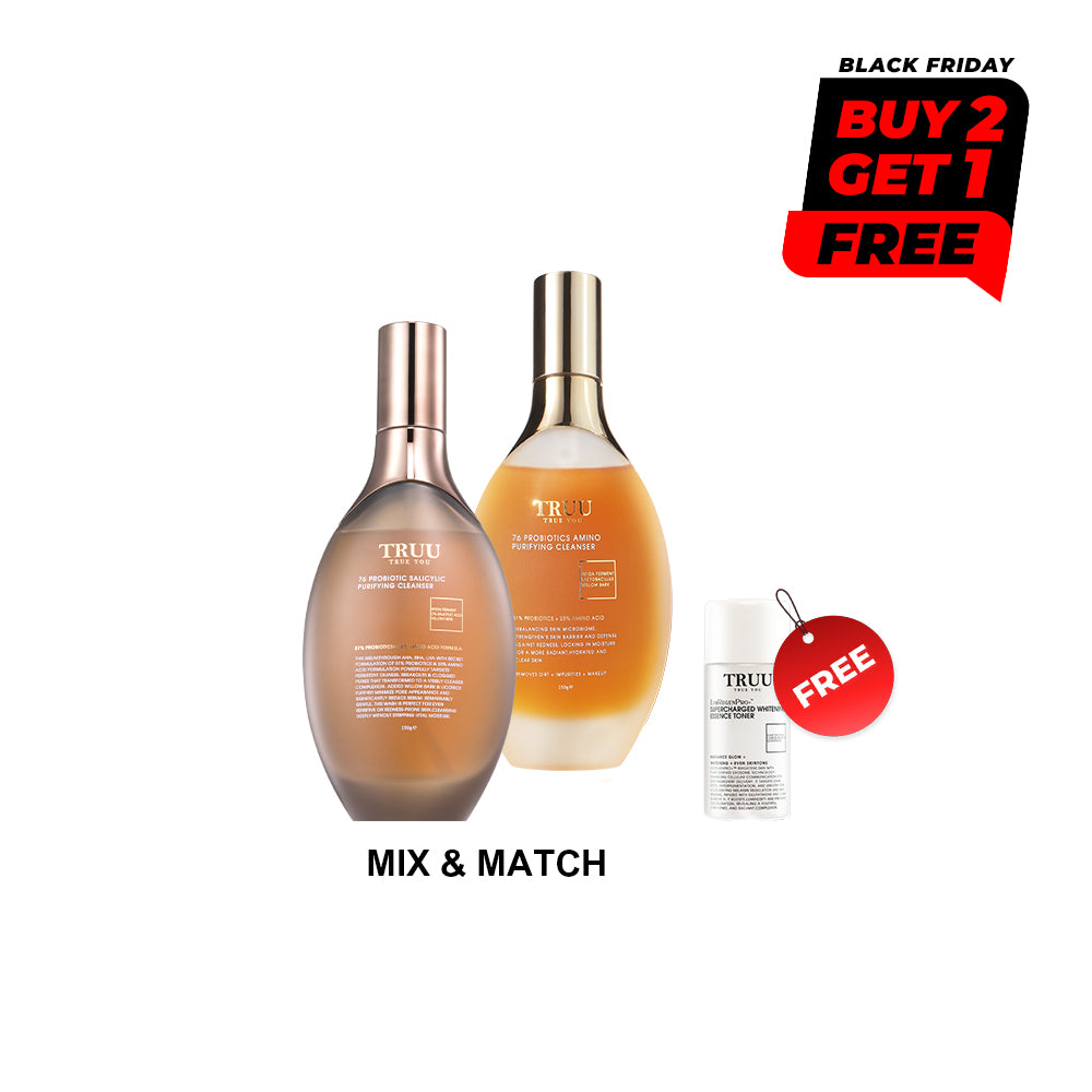 【TRUU Buy 2 Get 1 Free】(76 Probiotics Amino Purifying Cleanser/76 Probiotic Salicylic Purifying Cleanser) Pick 2【Free】ExoRegenPro+™ Supercharged Whitening Essence Toner-30ML Travel Size