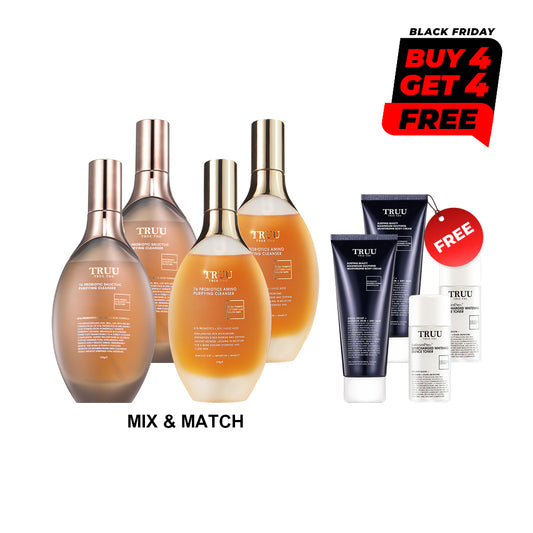 【TRUU Buy 4 Get 4 Free】(76 Probiotics Amino Purifying Cleanser/76 Probiotic Salicylic Purifying Cleanser) Pick 4【Free】ExoRegenPro+™ Supercharged Whitening Essence Toner-30ML*2 + Sleeping Beauty Magnesium Soothing Moisturizing Body Cream-100ML*2